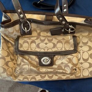Coach Beige and Dark Brown Signature Shoulder Bag